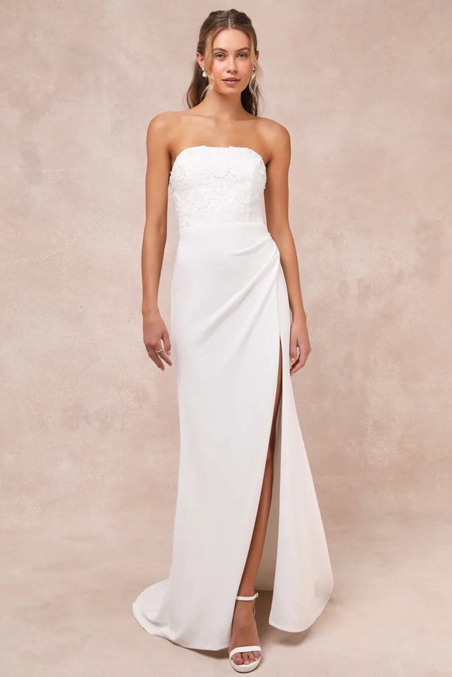 Lulus Refined Glow White 3D Embroidered Sequin Strapless Maxi Dress Bridal Small